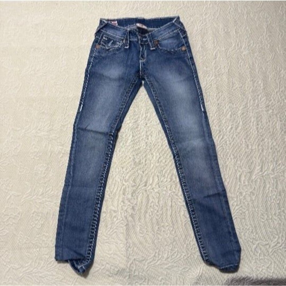 True Religion Joey Super T Dark Wash White Stitch Jeans Size 27
